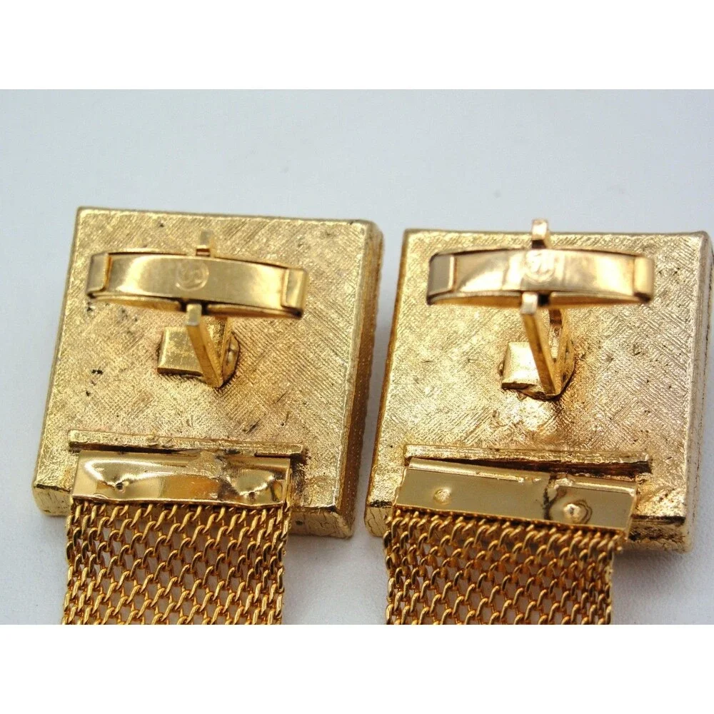 Vintage SWANK Gold Square Rhinestone Mesh Wrap Around Cufflinks Mid Century Glam